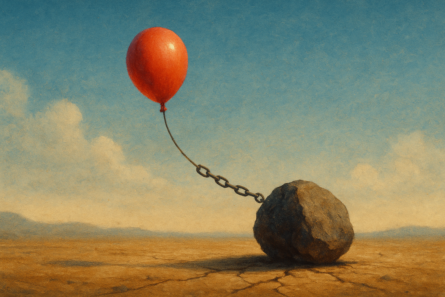 Red balloon chained to a rock symbolizing breaking free from bad habits during a 30-day growth challenge.