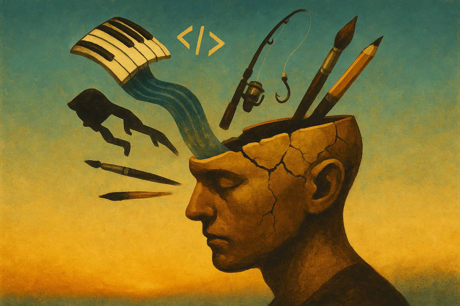 Surreal illustration of creative skills flowing from a head: piano, code, fishing, and art tools.
