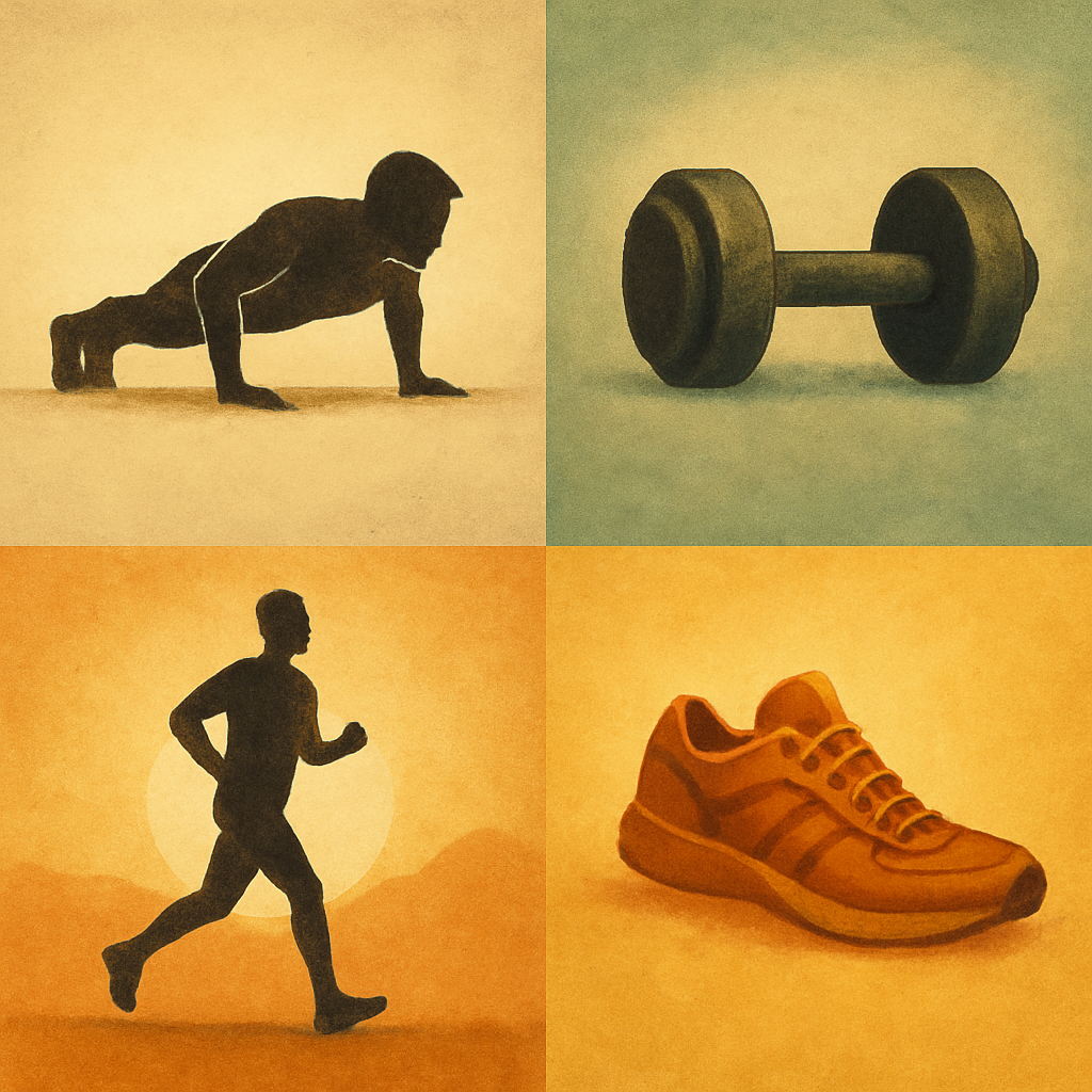 Collage of push-up, dumbbell, running, and shoe icons representing a fitness plan.