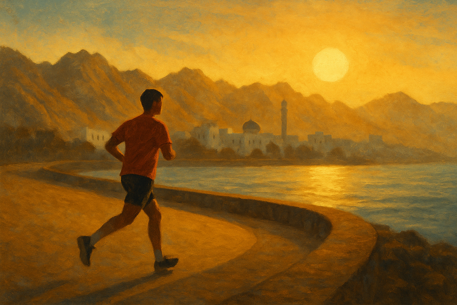Man jogging at sunrise by the sea as part of a 30-day fitness challenge.