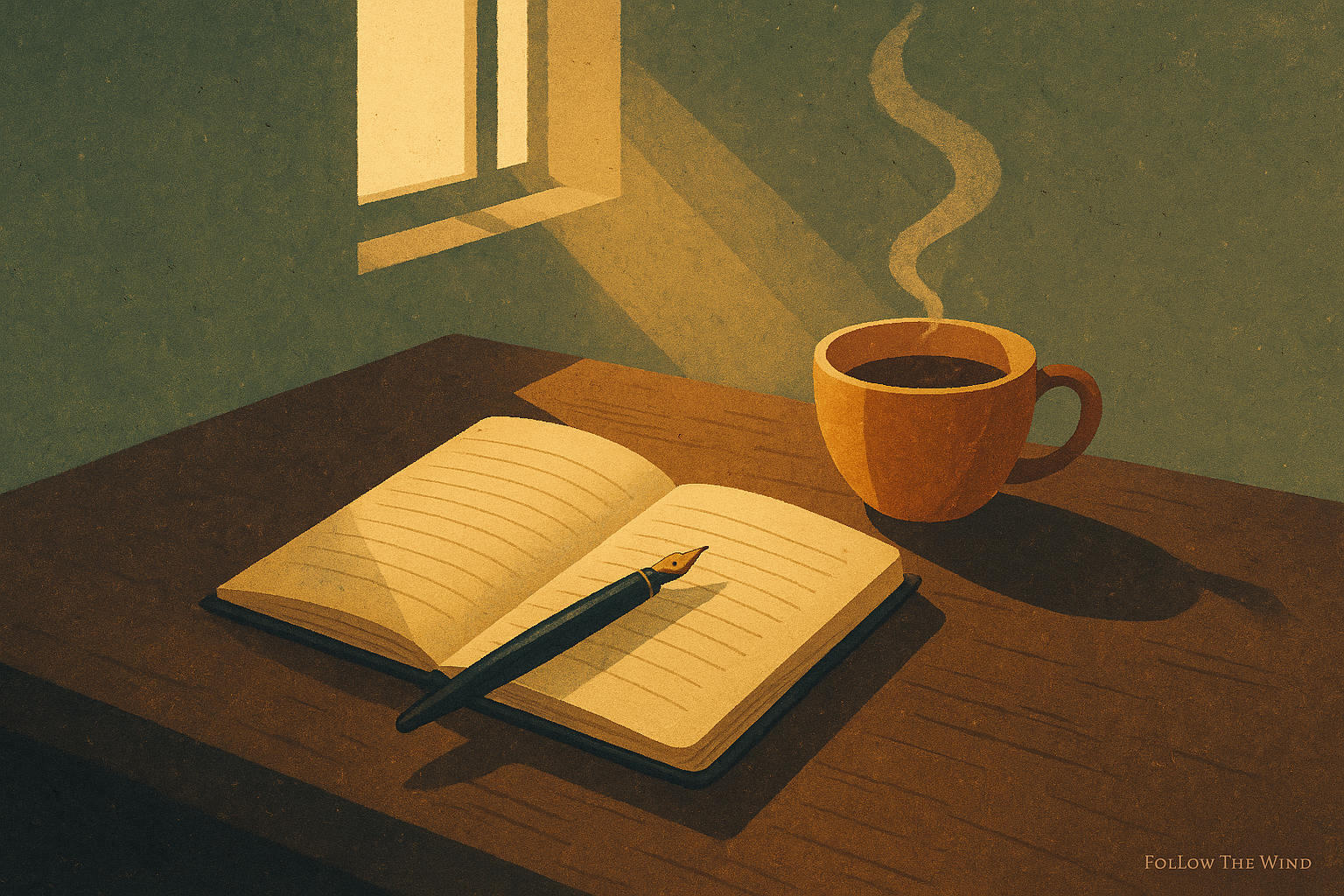 Notebook and coffee cup on a desk symbolizing daily journaling habit.