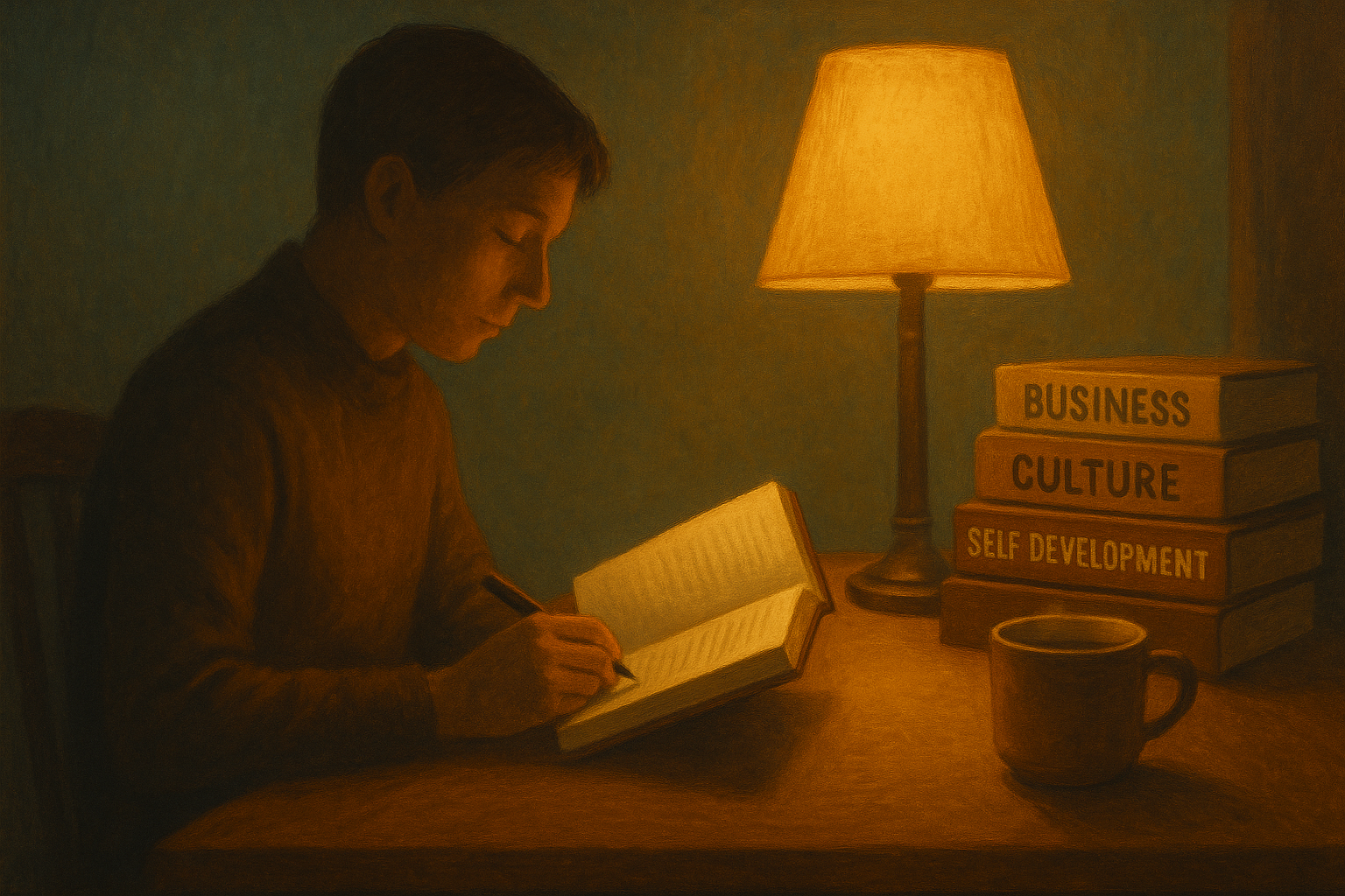 Person reading at night with a lamp and stack of self-development books.